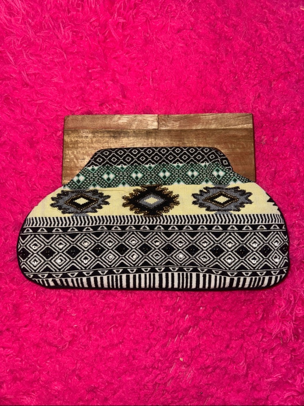 Embroidered Black & Cream Geometric Clutch